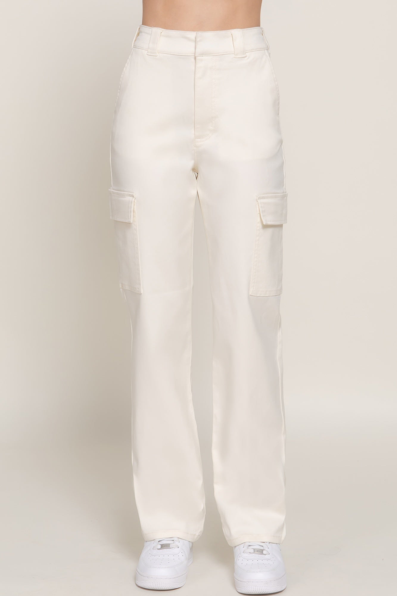 Ivory straight fit long cargo pants with side pocket flaps and front crease