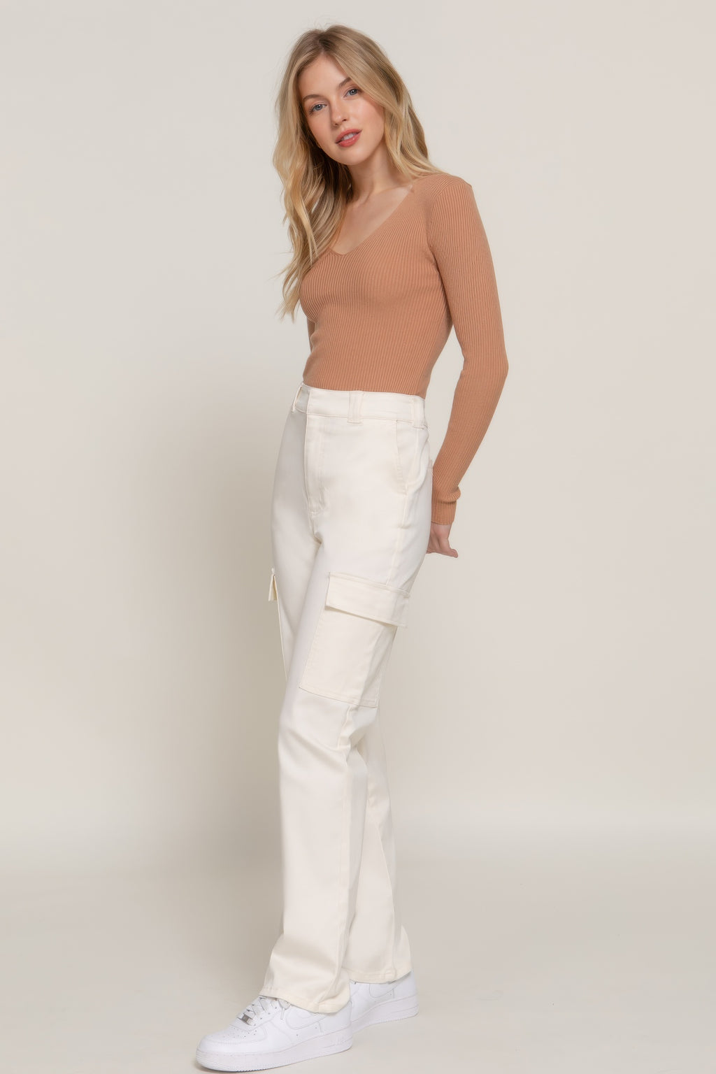 Ivory straight fit long cargo pants with side cargo pockets and relaxed straight leg