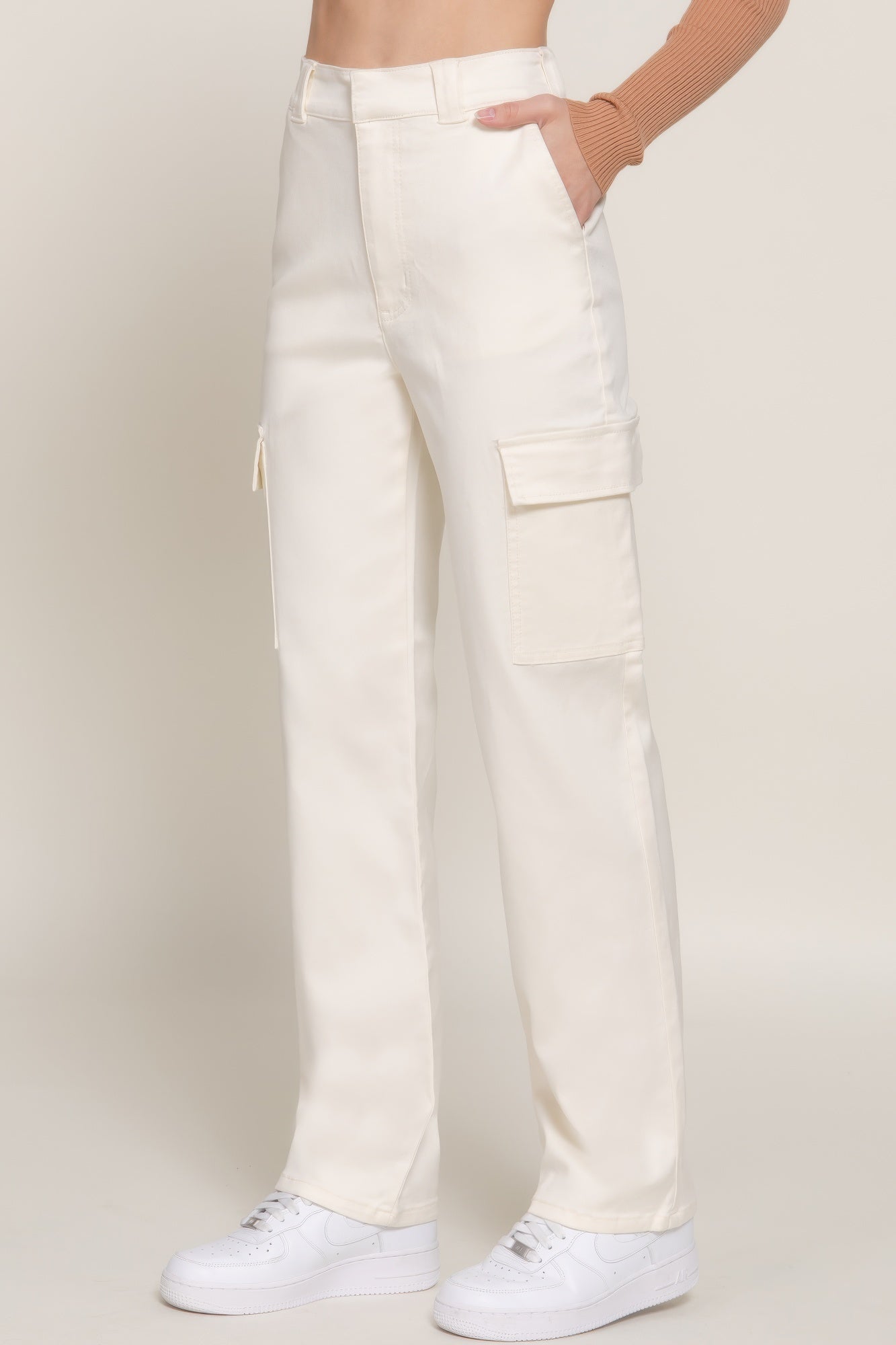 Ivory straight fit long pants with side cargo pocket and strap tab detail