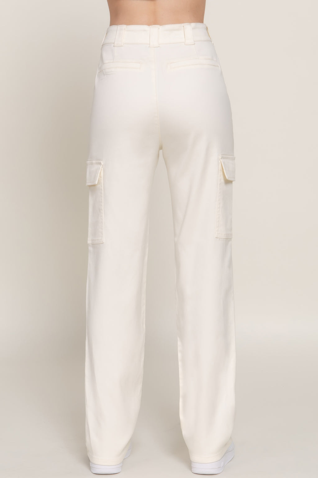 Ivory straight fit long cargo pants with belt loops and side cargo pockets