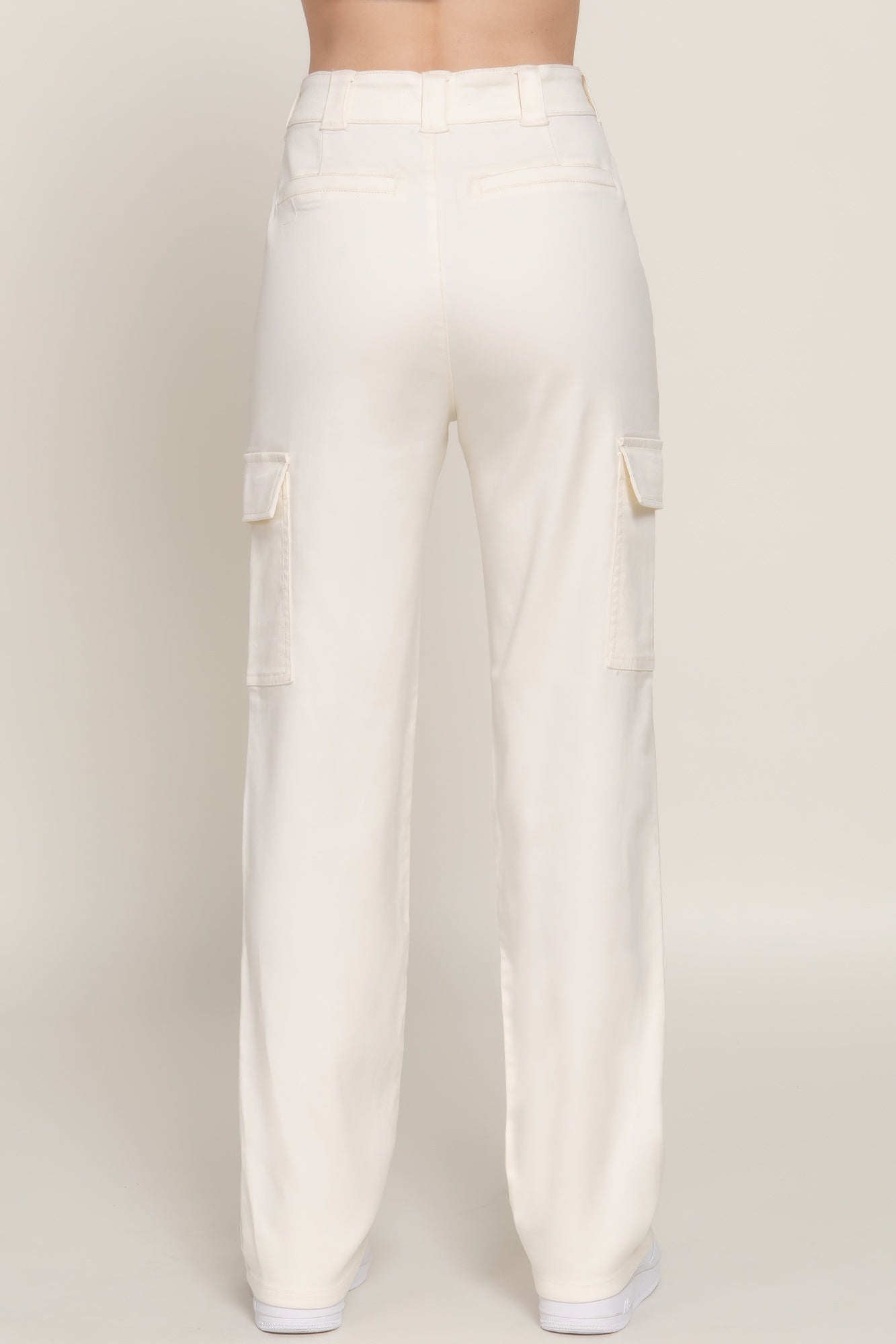 Ivory straight fit long cargo pants with belt loops and side cargo pockets