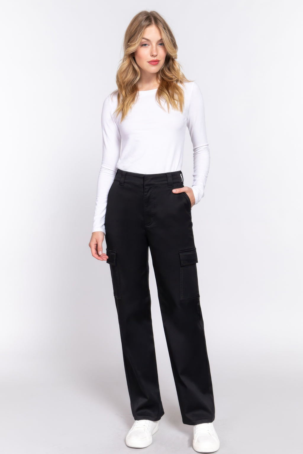 Straight Fit long cargo pants, black, front view with belt loops