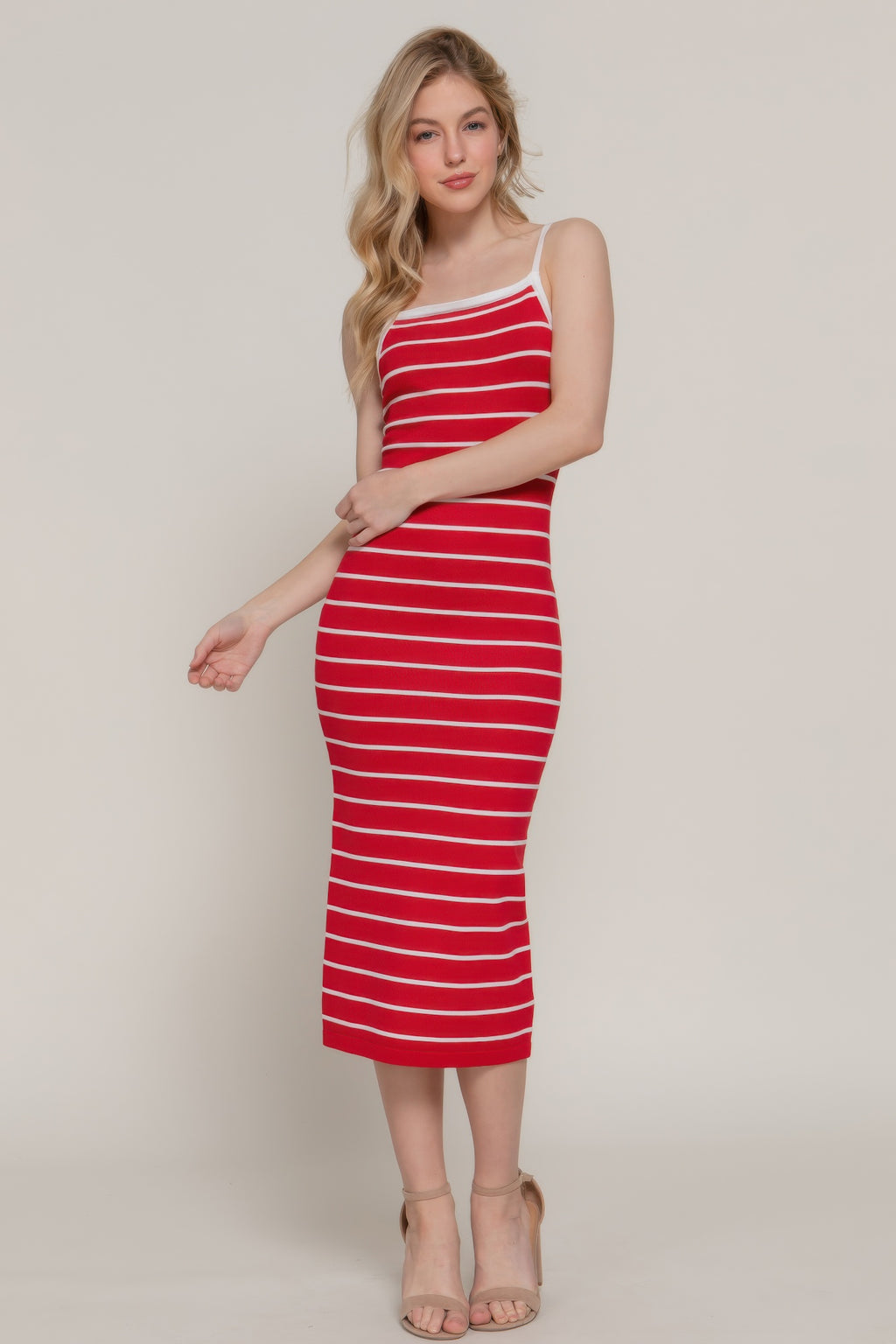 Red/white striped bodycon midi sweater dress with thin straps and scoop neck