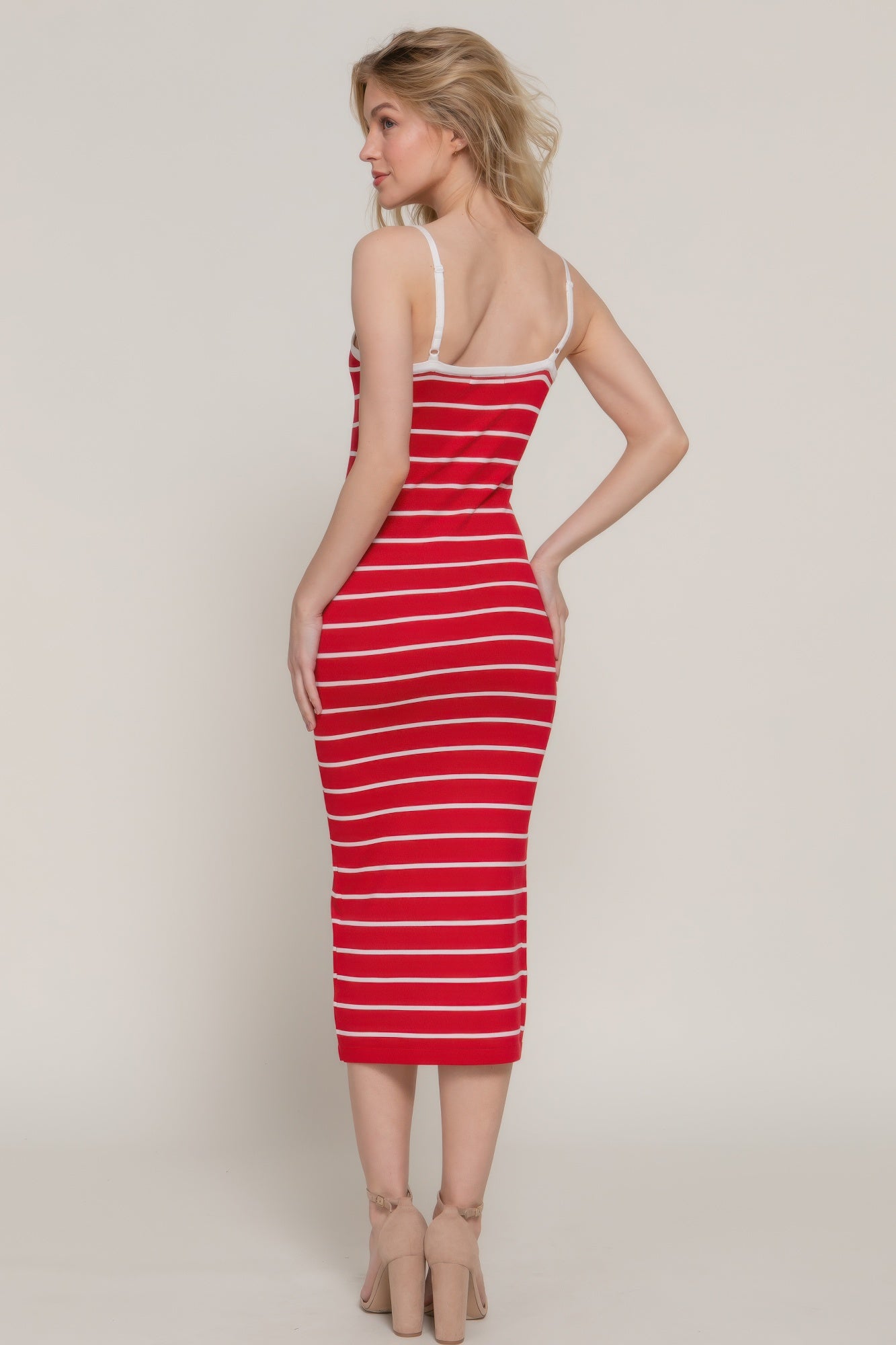 Red and white striped sleeveless sweater dress, thin straps, fitted midi knit