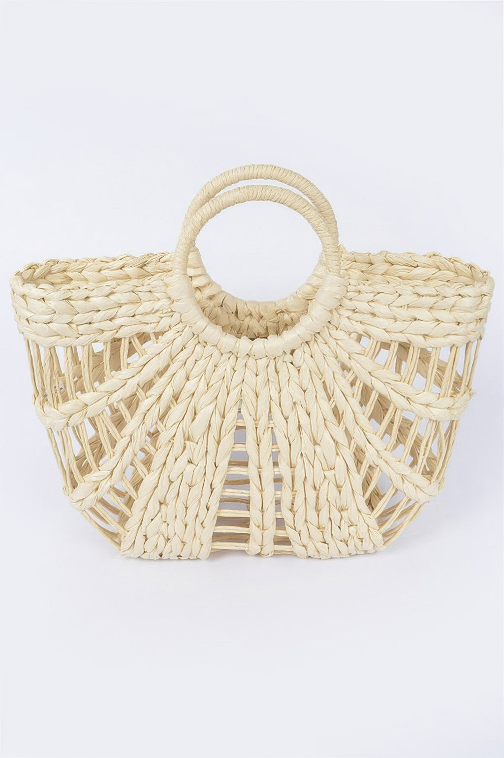 Handmade straw beach bag, ivory woven with rope handle and open lattice sides