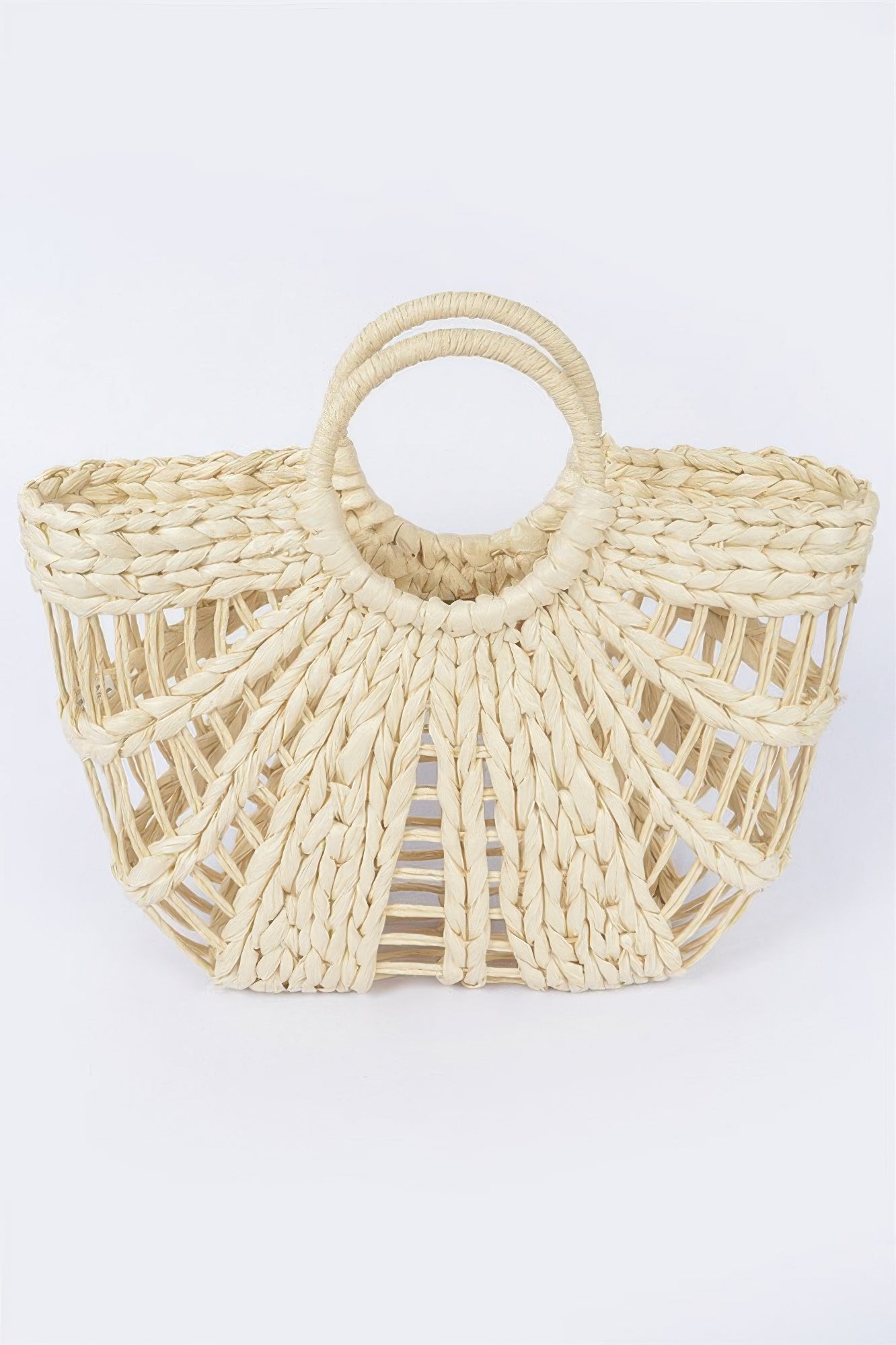 Handmade straw beach bag, ivory woven with rope handle and open lattice sides