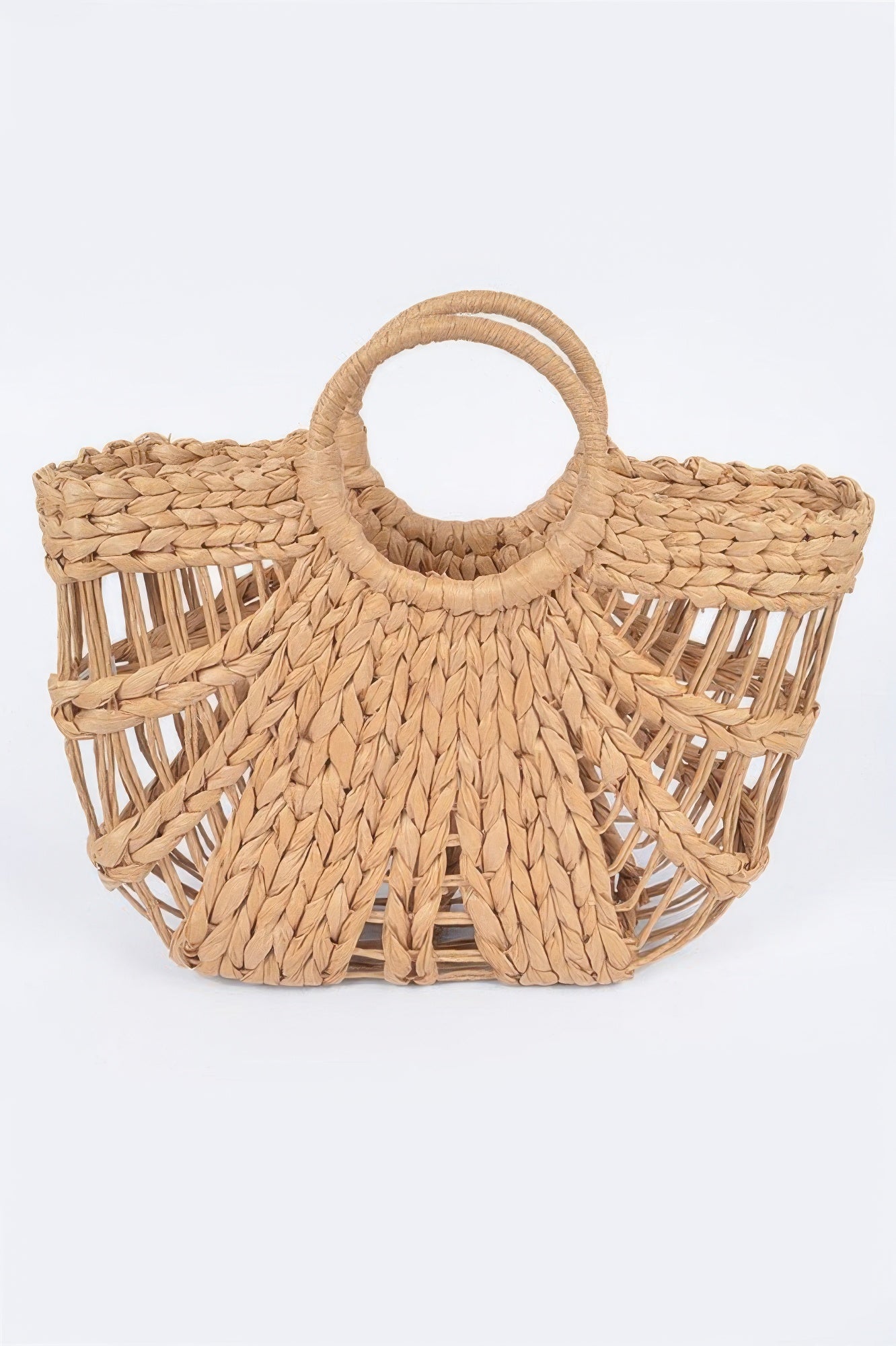 Handmade straw beach bag, khaki woven with round rope handles and fringe cutouts