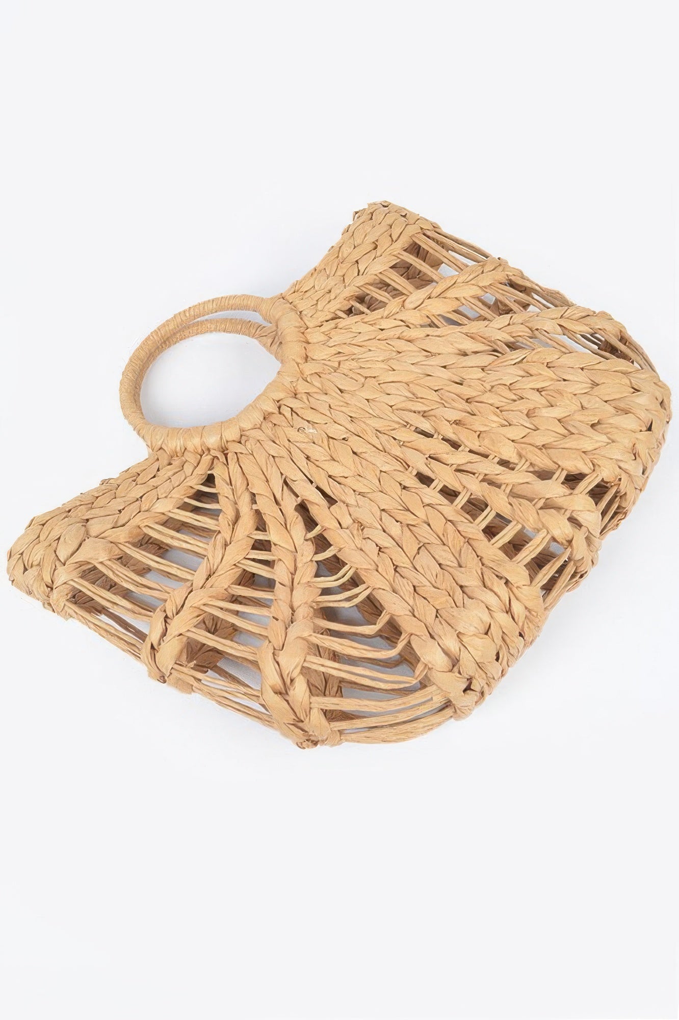 Khaki straw beach bag, top view with rope handle and woven diamond pattern