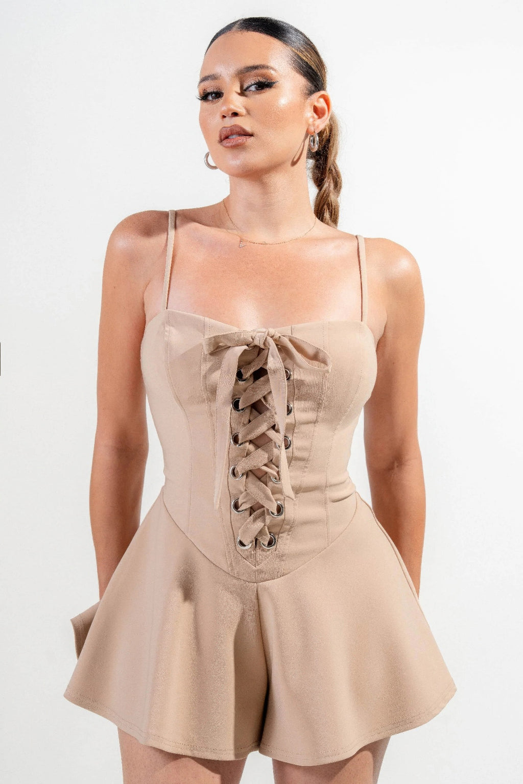 Stretch Woven Jumpsuit in cappuccino featuring front corset lacing and thin shoulder straps