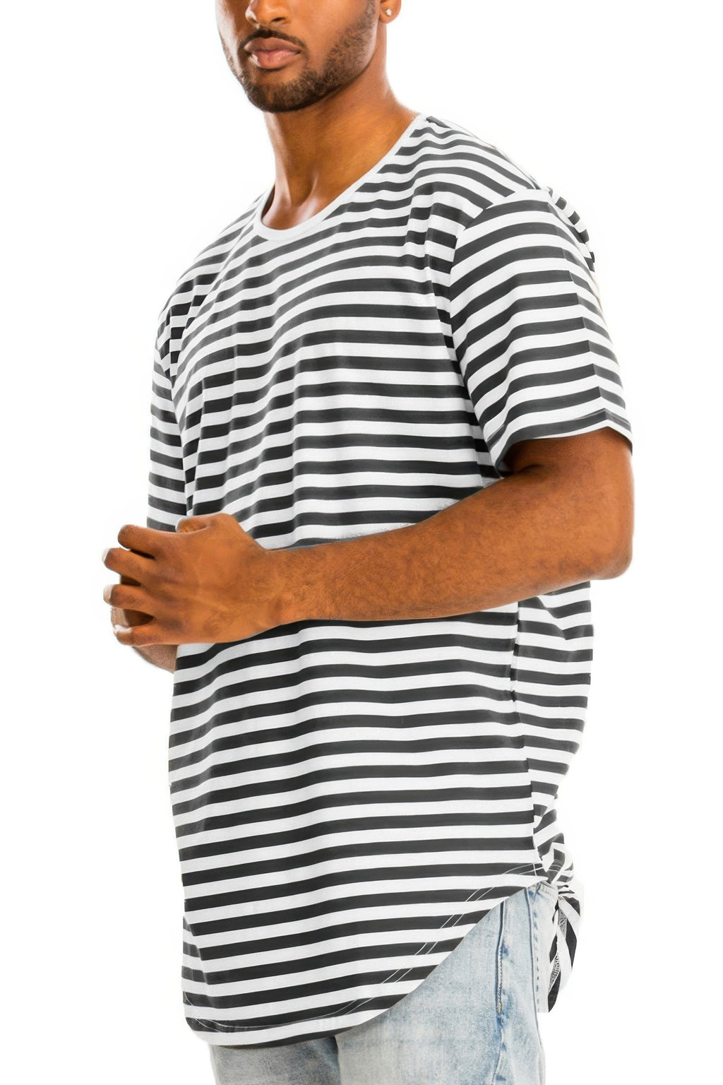 Striped elongated T-shirt, schwarz-weiße Streifen, seitlicher Saum mit Knoten