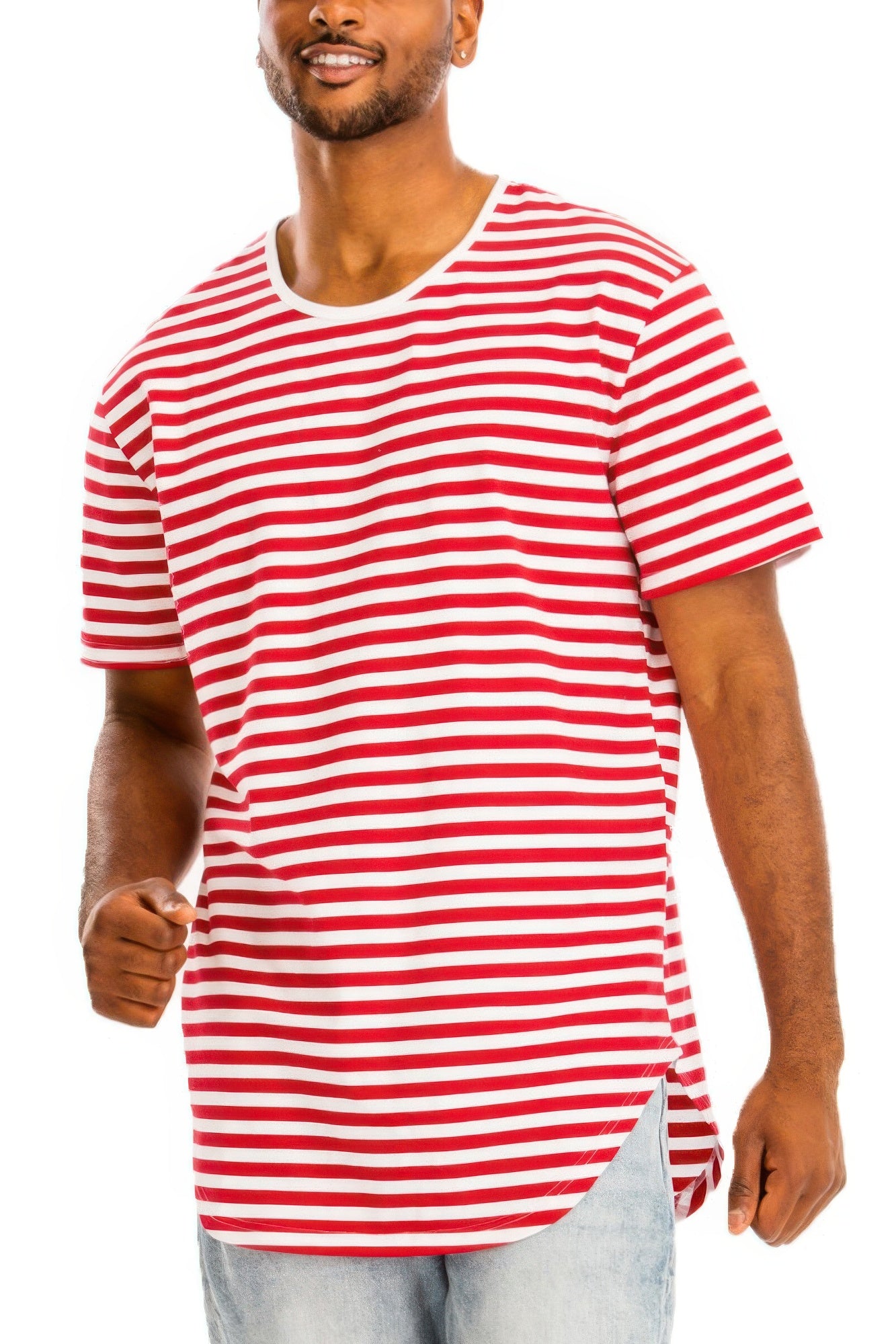 Striped elongated T-shirt, rot-weiße Streifen, Rundhalsausschnitt