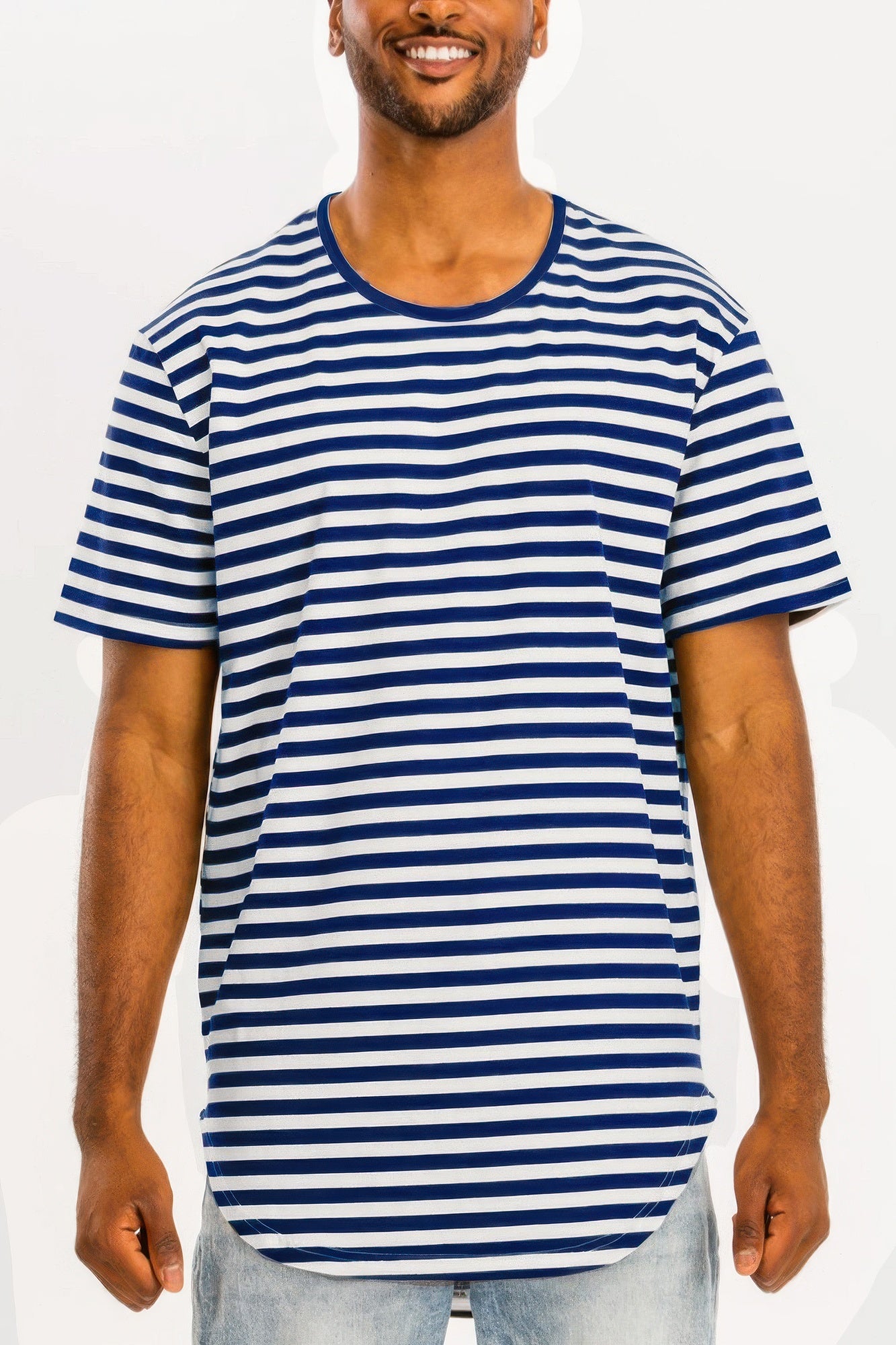 Striped elongated T-shirt, navy-weiße Streifen, gerader Saum