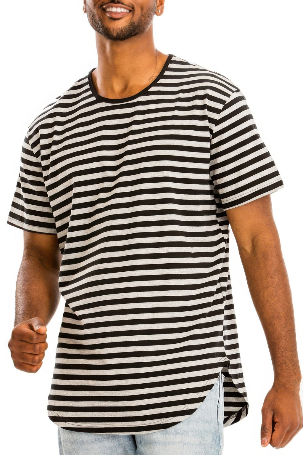 Striped elongated T-shirt, schwarz-weiße Streifen, seitliche Saumöffnung