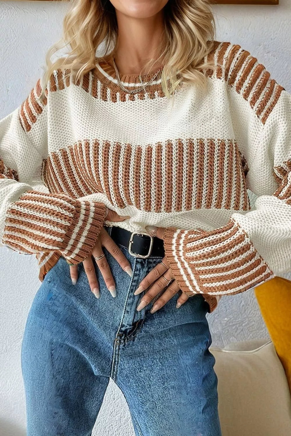 Striped Knit Long Sleeve Sweater - Tigbul's Variety Fashion Shop