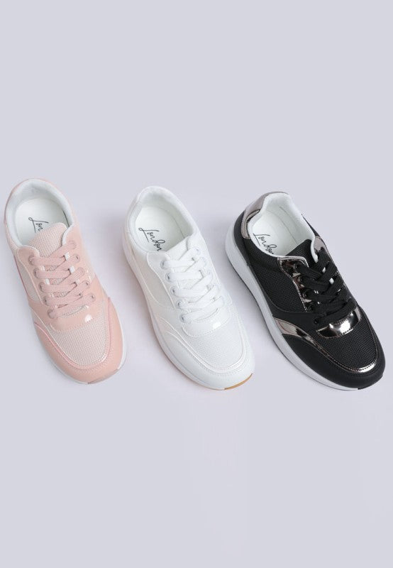 Chunky mesh lace-up sneakers in pink, white, and black—three colorways shown