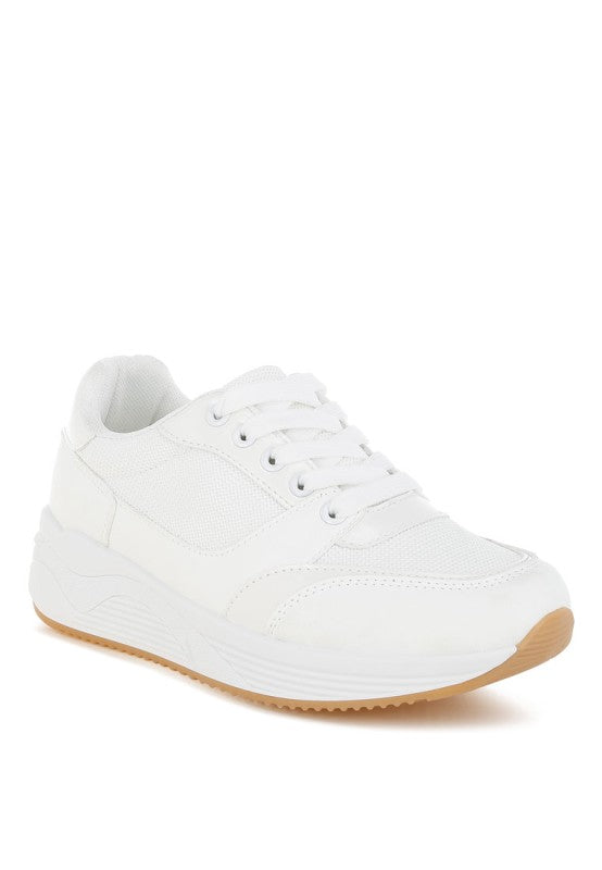 White chunky mesh lace-up sneaker with thick sole and white laces