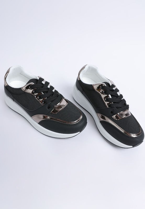 Black chunky mesh lace-up sneakers with metallic-trim accents