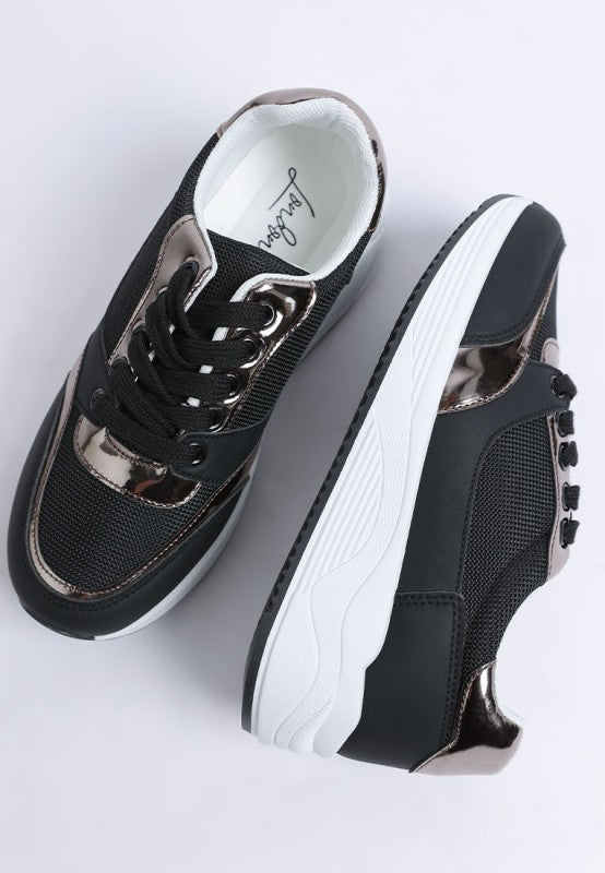 Black lace-up sneakers with metallic piping and padded tongue