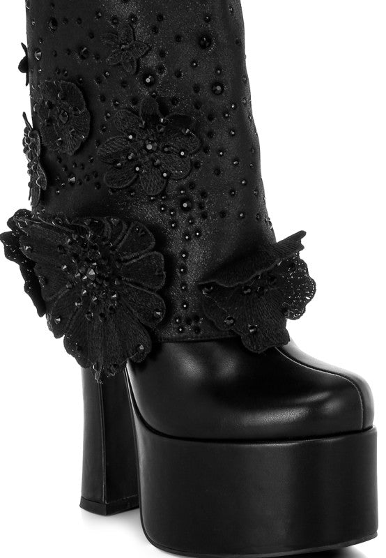 Sundra Floral Applique Platform Heeled Boots - Tigbul's Variety Fashion Shop
