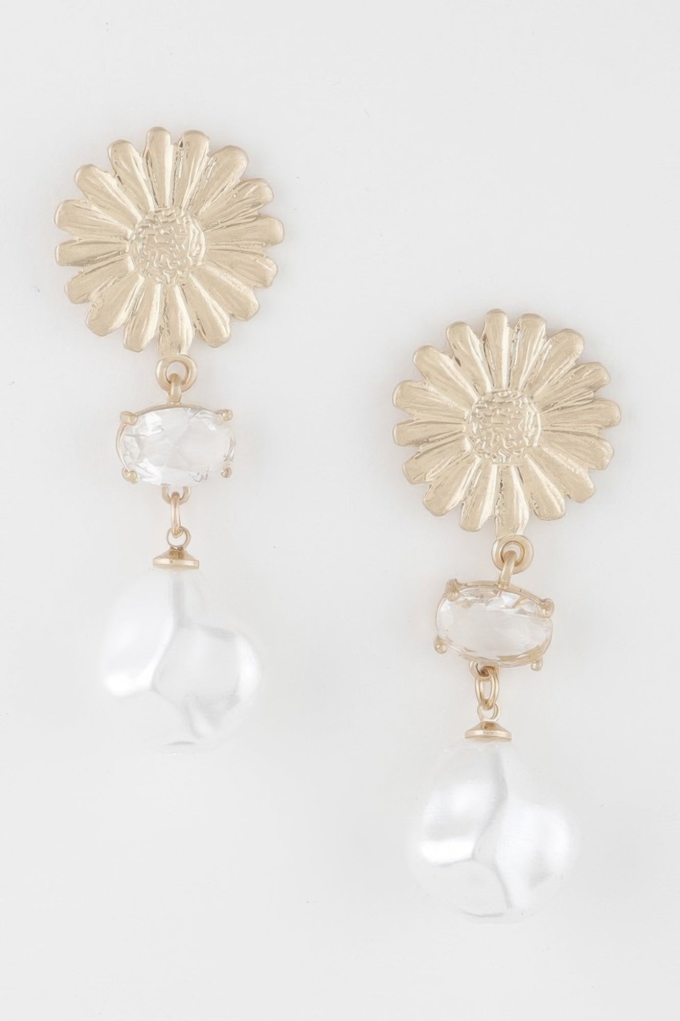 Sunflower pearl drop earrings, gold-cream: flower stud with dangling clear heart & bead