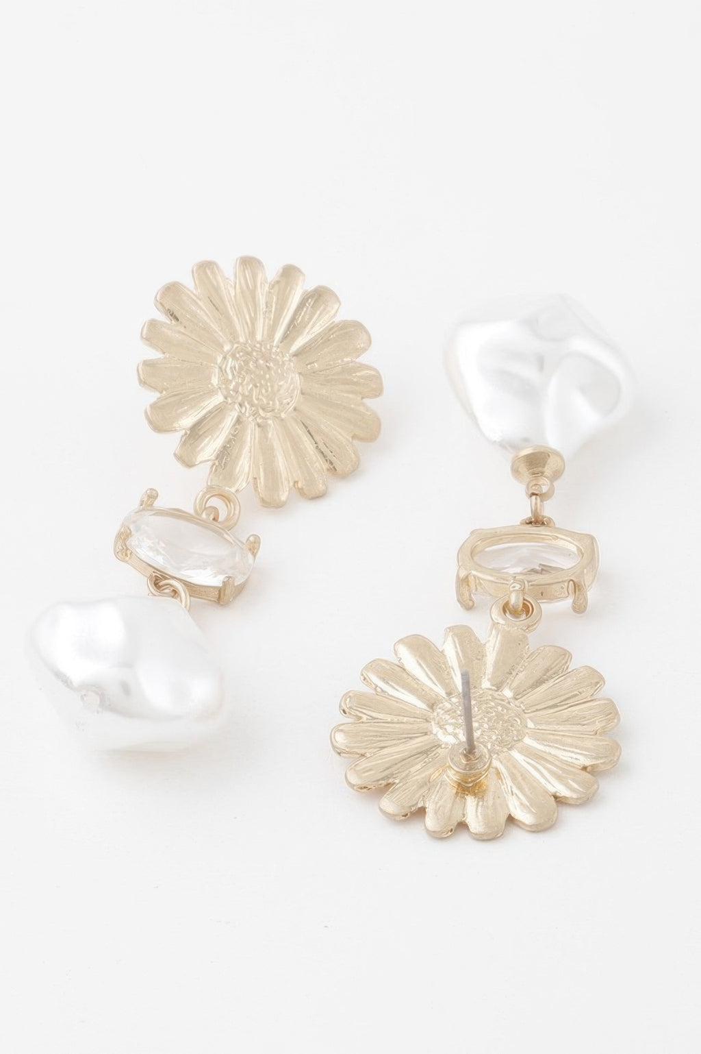 Pair view: sunflower top with clear rectangular charms and white pearl-like drops, gold tone