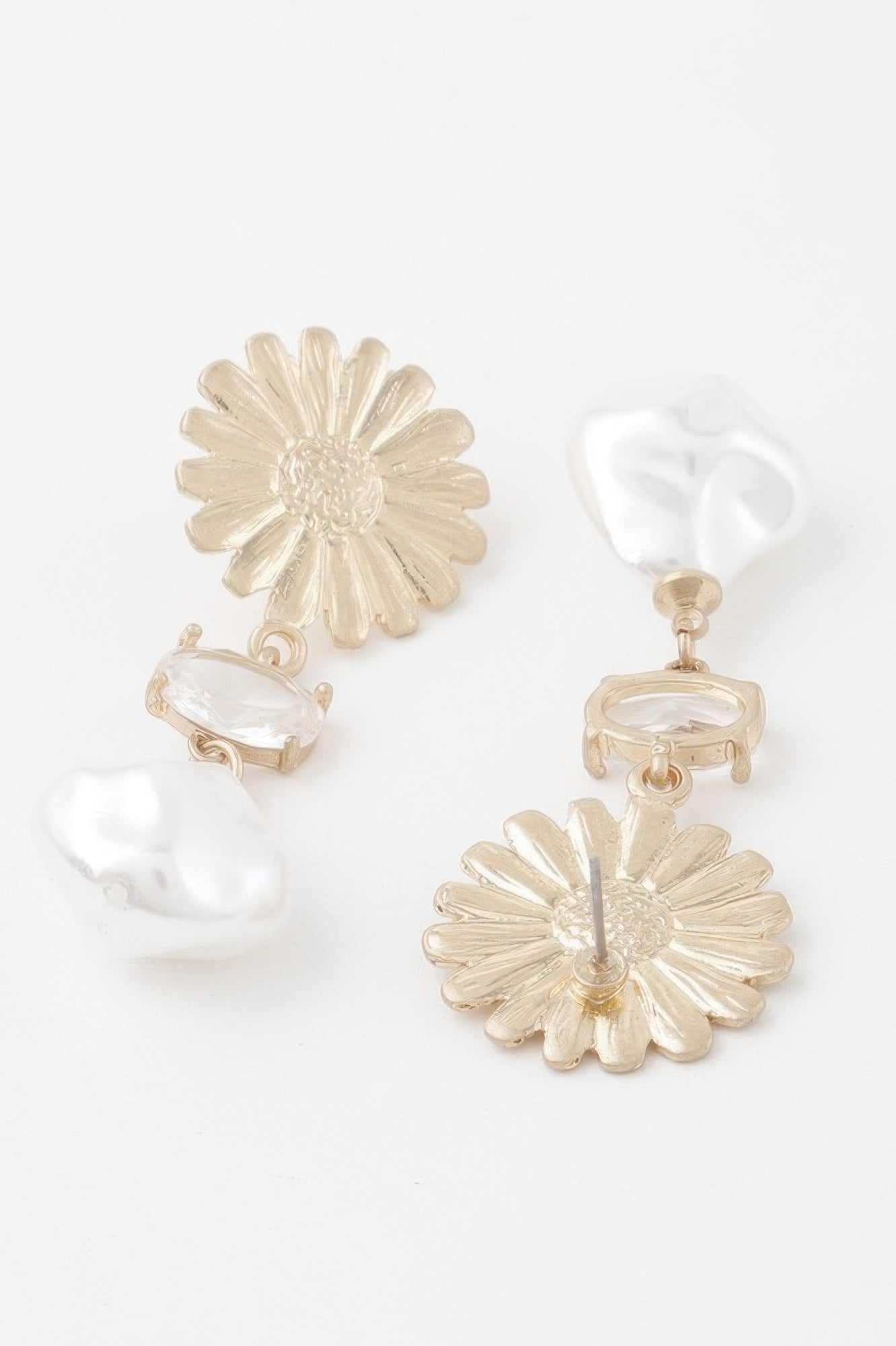 Pair view: sunflower top with clear rectangular charms and white pearl-like drops, gold tone