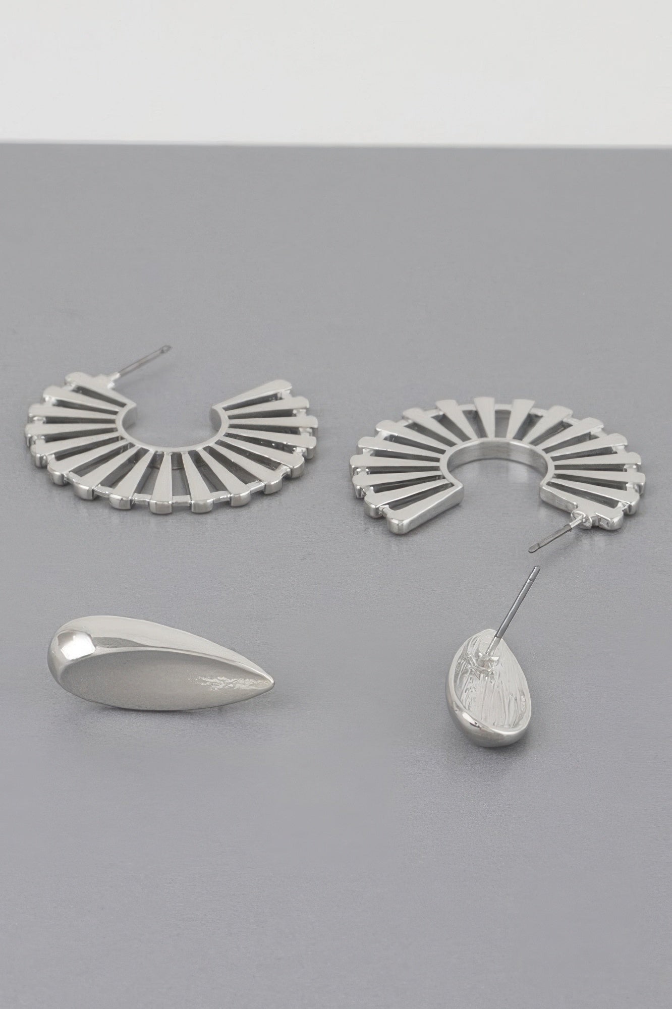 Sunray flat hoop earrings set, silver-tone fan hoops with matching drop pieces.