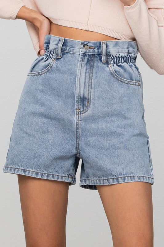 Light-wash denim shorts with super high-rise elastic waistband and button fly detail