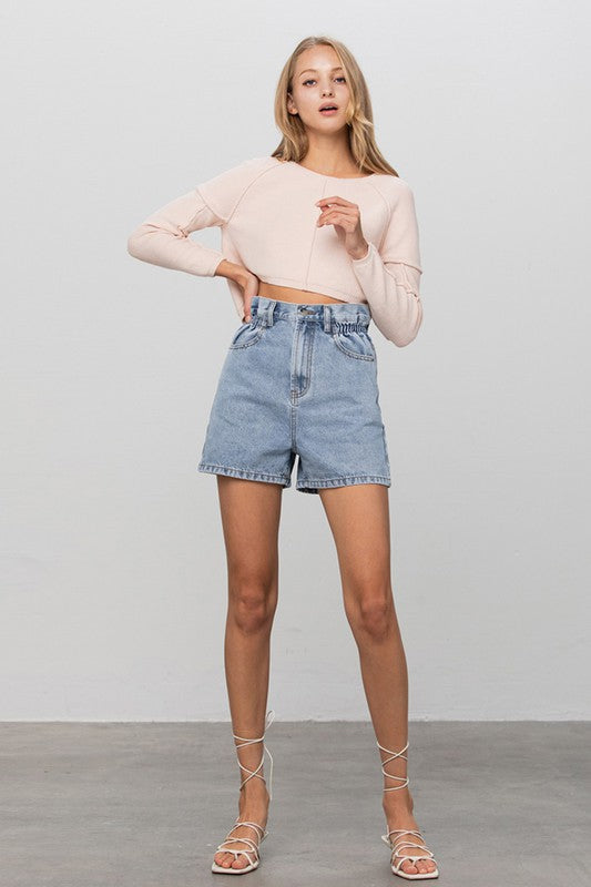 Light-wash denim shorts with super high-rise elastic waistband and central seam