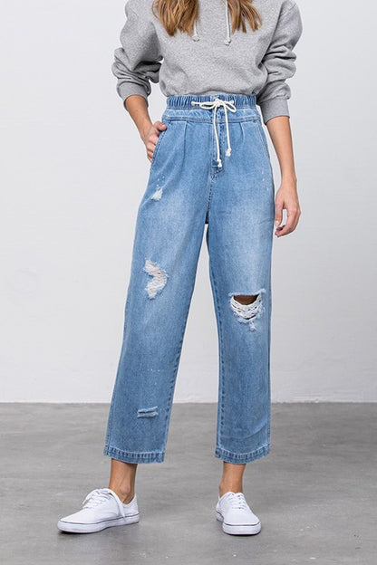 Super High Waist Drawstring Ripped Slouch Jeans - Tigbul's Variety Fashion Shop