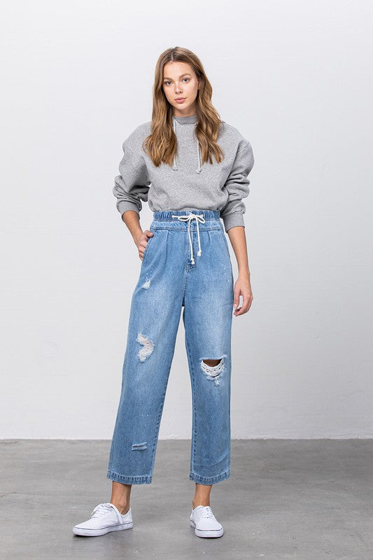 Super High Waist Drawstring Ripped Slouch Jeans - Tigbul's Variety Fashion Shop