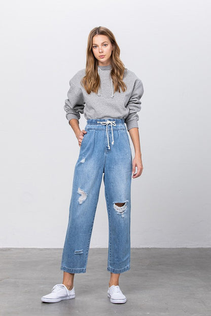 Super High Waist Drawstring Ripped Slouch Jeans - Tigbul's Variety Fashion Shop