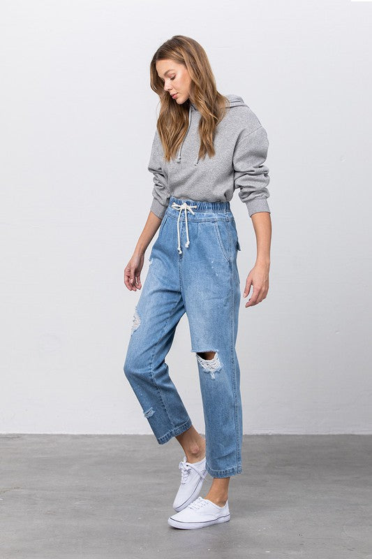 Super High Waist Drawstring Ripped Slouch Jeans - Tigbul's Variety Fashion Shop