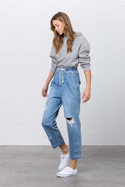 Super High Waist Drawstring Ripped Slouch Jeans - Tigbul's Variety Fashion Shop