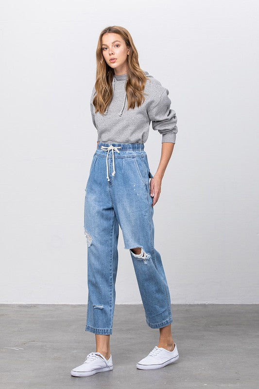 Super High Waist Drawstring Ripped Slouch Jeans - Tigbul's Variety Fashion Shop