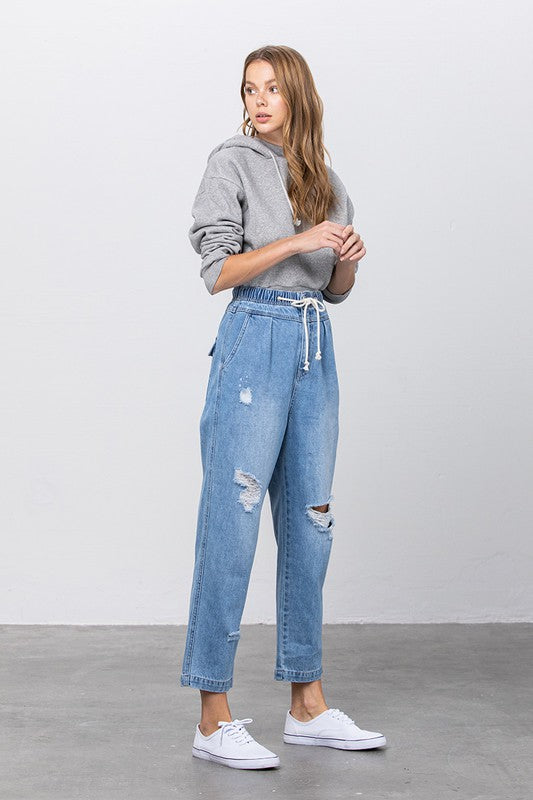 Super High Waist Drawstring Ripped Slouch Jeans - Tigbul's Variety Fashion Shop