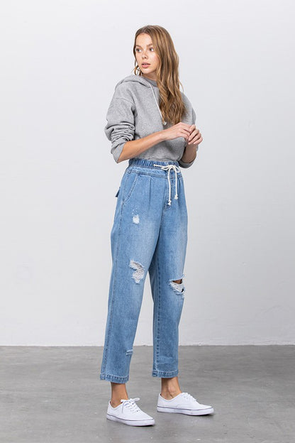 Super High Waist Drawstring Ripped Slouch Jeans - Tigbul's Variety Fashion Shop