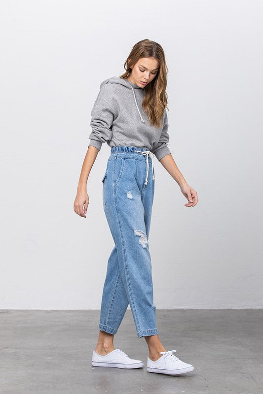 Super High Waist Drawstring Ripped Slouch Jeans - Tigbul's Variety Fashion Shop