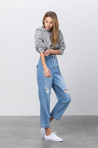 Super High Waist Drawstring Ripped Slouch Jeans - Tigbul's Variety Fashion Shop