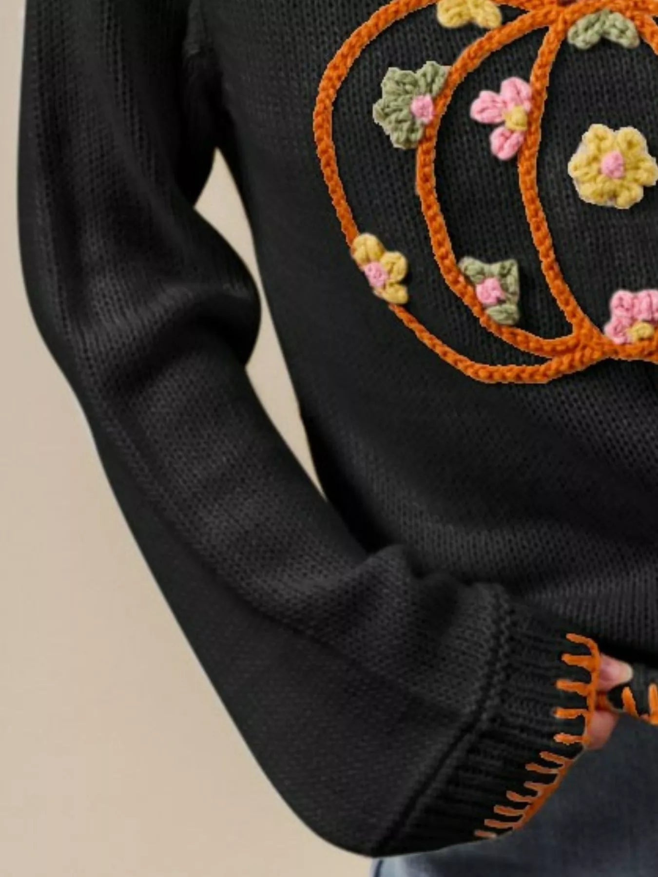 Black Pumpkin Floral Embroidered Thanksgiving Sweater - Tigbul's Variety Fashion Shop