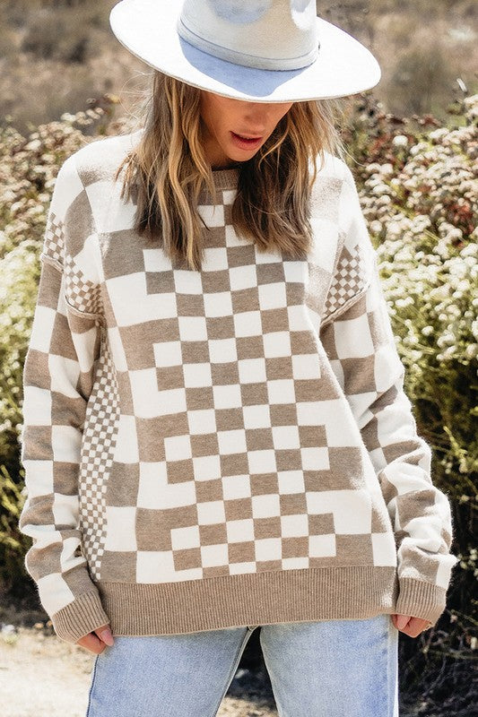 Khaki checkered drop-shoulder pullover sweater, crew neck, long sleeves, front view