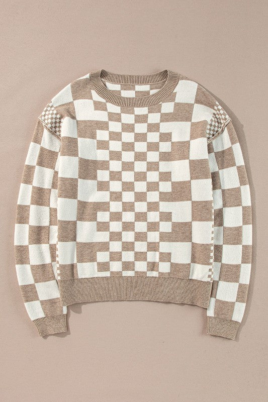 Khaki checkered pullover sweater, crew neck, ribbed cuffs and hem