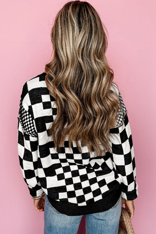 Black checkered pullover sweater with drop shoulders, ribbed hem and cuffs, back