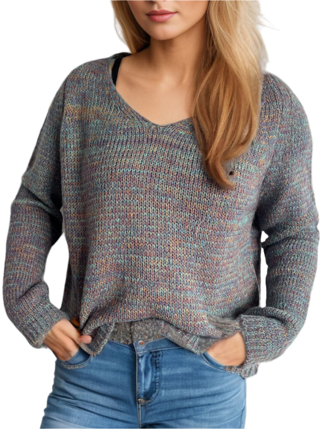 Heathered multicolor V-neck knit sweater with long sleeves, gray speckle