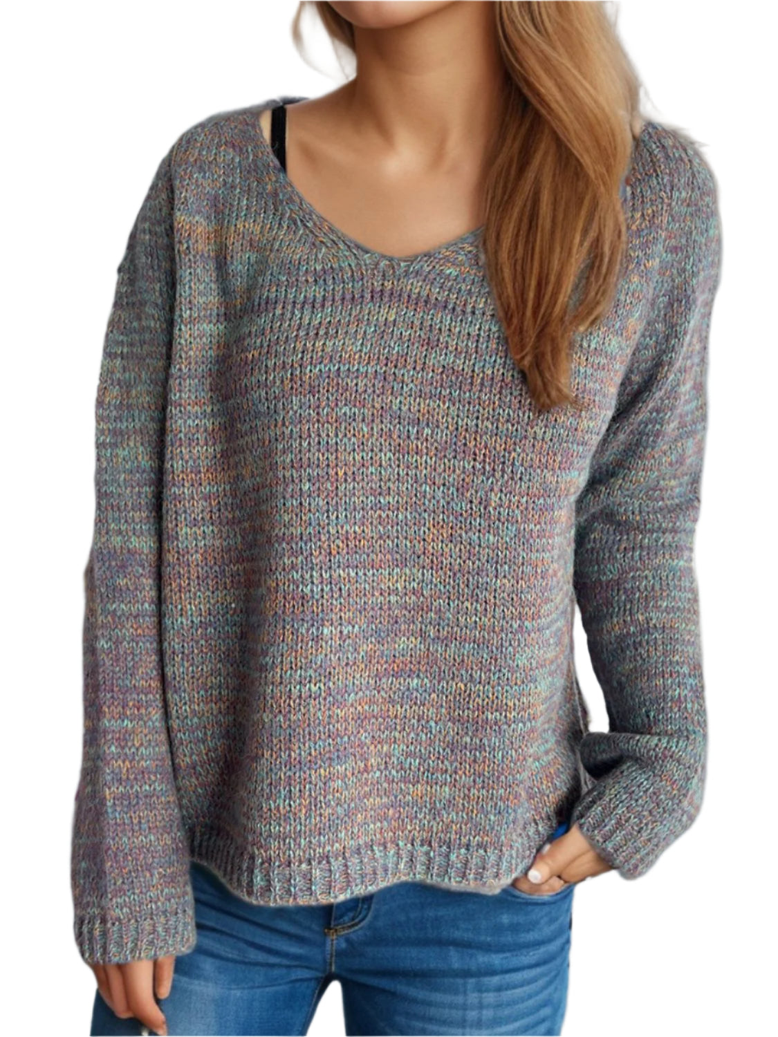 Long-sleeve V-neck heathered multicolor sweater, ribbed cuffs and hem