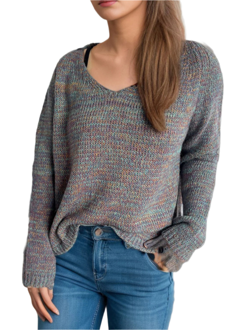 Heathered multicolor V-neck sweater front, textured knit and long sleeves