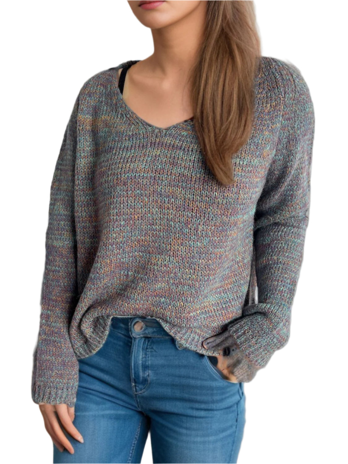 Heathered multicolor V-neck sweater front, textured knit and long sleeves