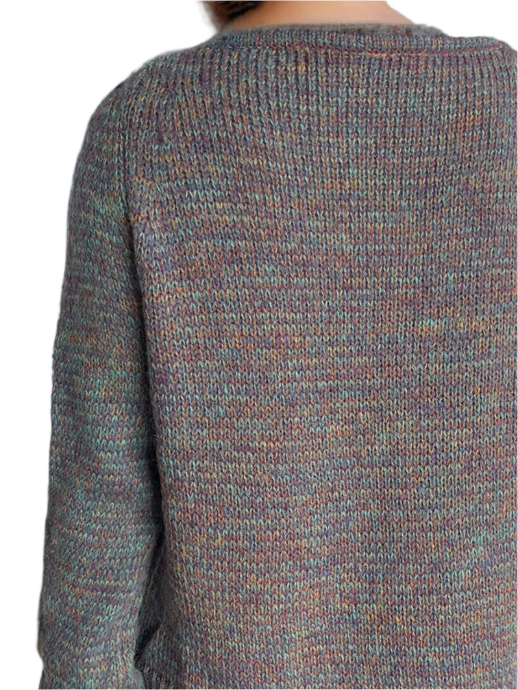 Back view: heathered multicolor long-sleeve knit sweater with ribbed collar