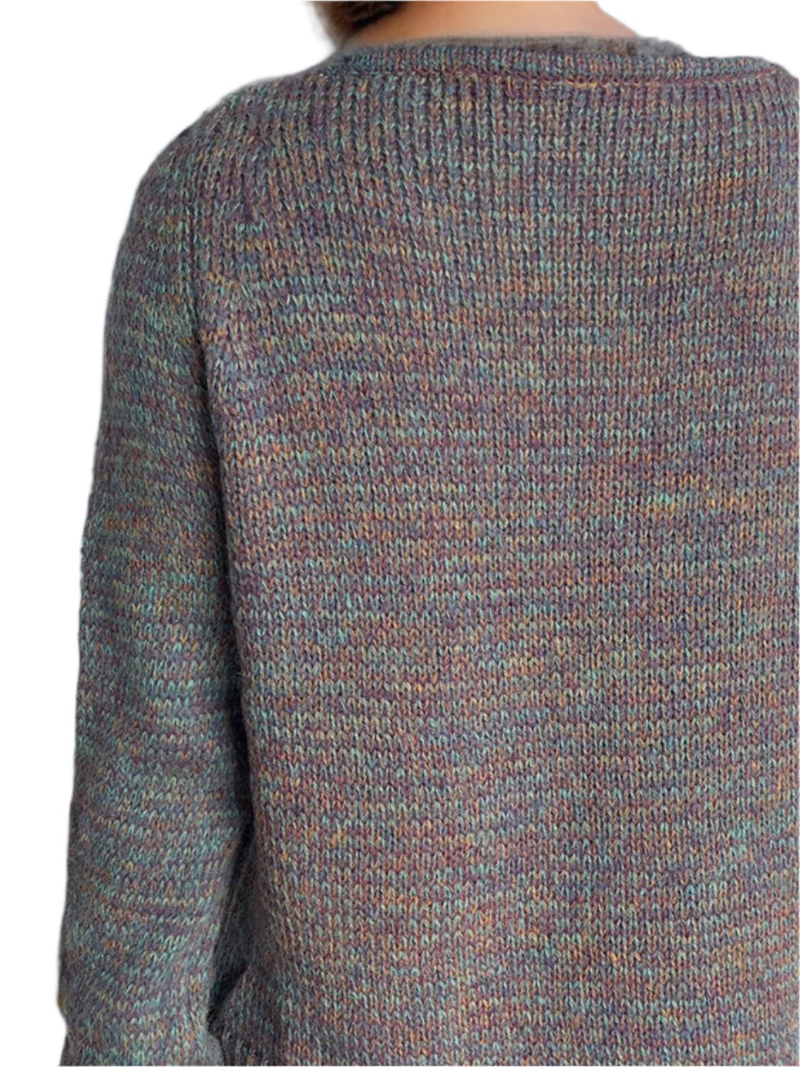 Back view: heathered multicolor long-sleeve knit sweater with ribbed collar