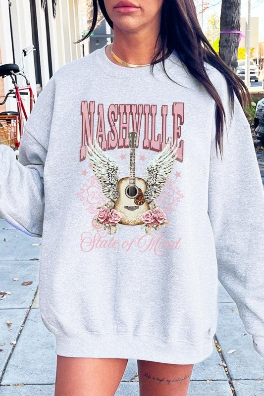 Nashville Rose Graphic Sweatshirt, hellgrau meliert, großes Gitarren- und Flügelmotiv